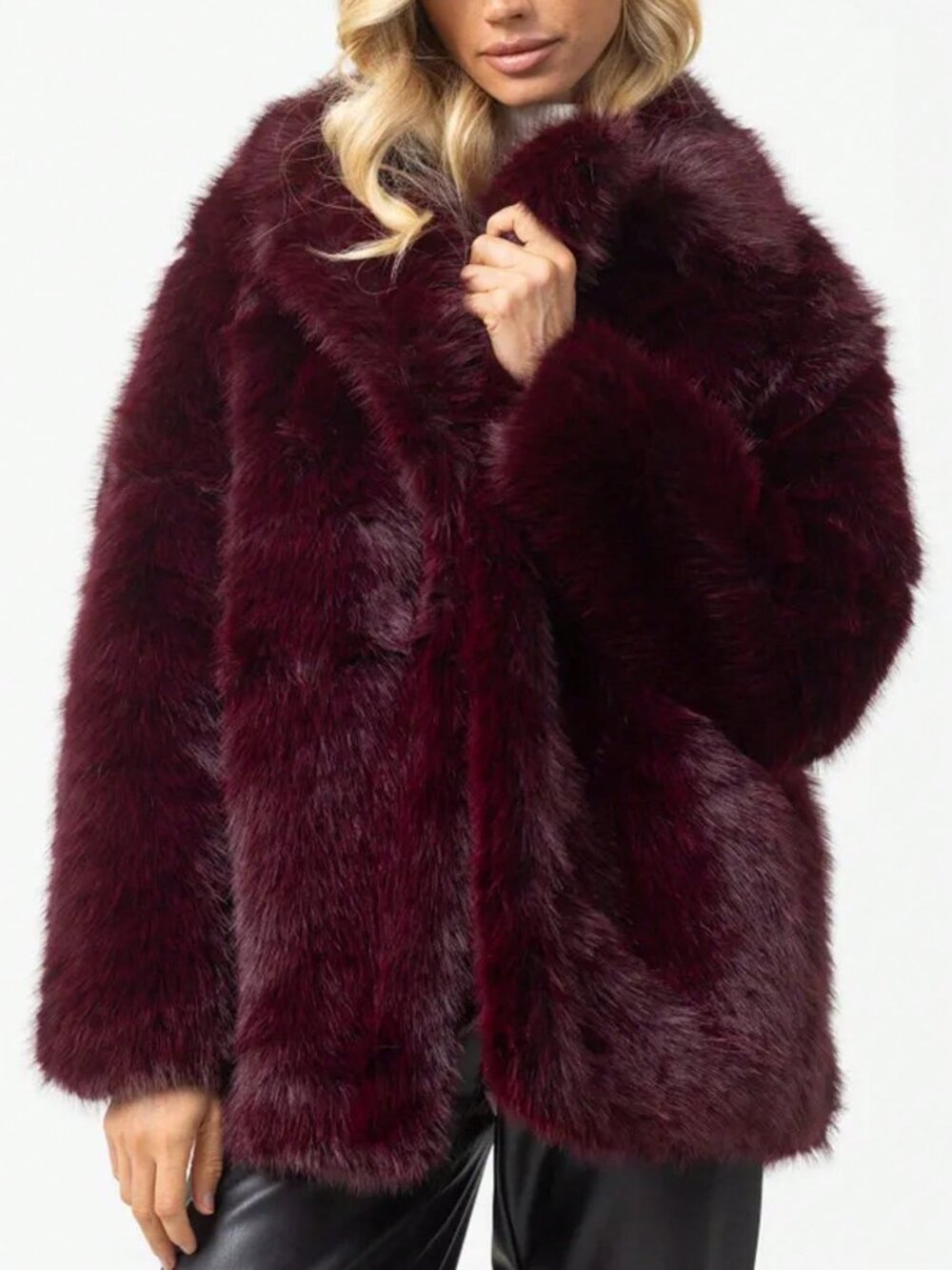 Burgundy Casual Women's Faux Fur teddy Warm Oversize Lapel Coat - Picture 3 of 10